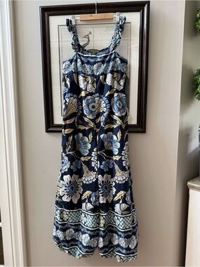 Free People Navy Floral Maxi Dress with Blue and Cream Detail